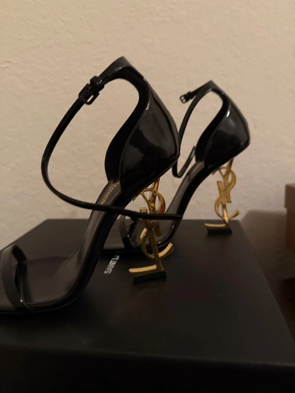 Saint Laurent Black Patent Leather Sculpted-Heel Sandals - Picture 2 of 5